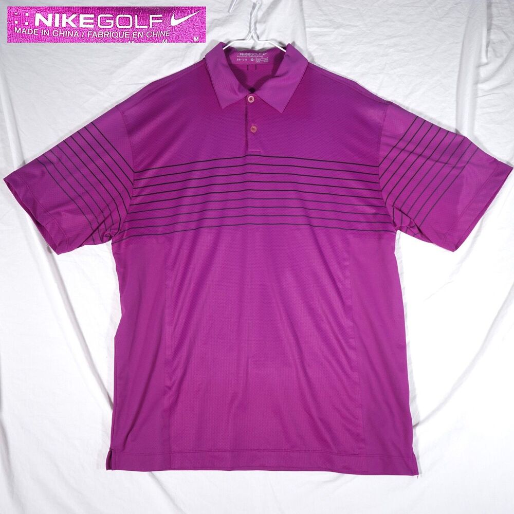 Nike Golf Dri-FIT Polo Shirt Purple Striped Big Swoosh Men's Medium